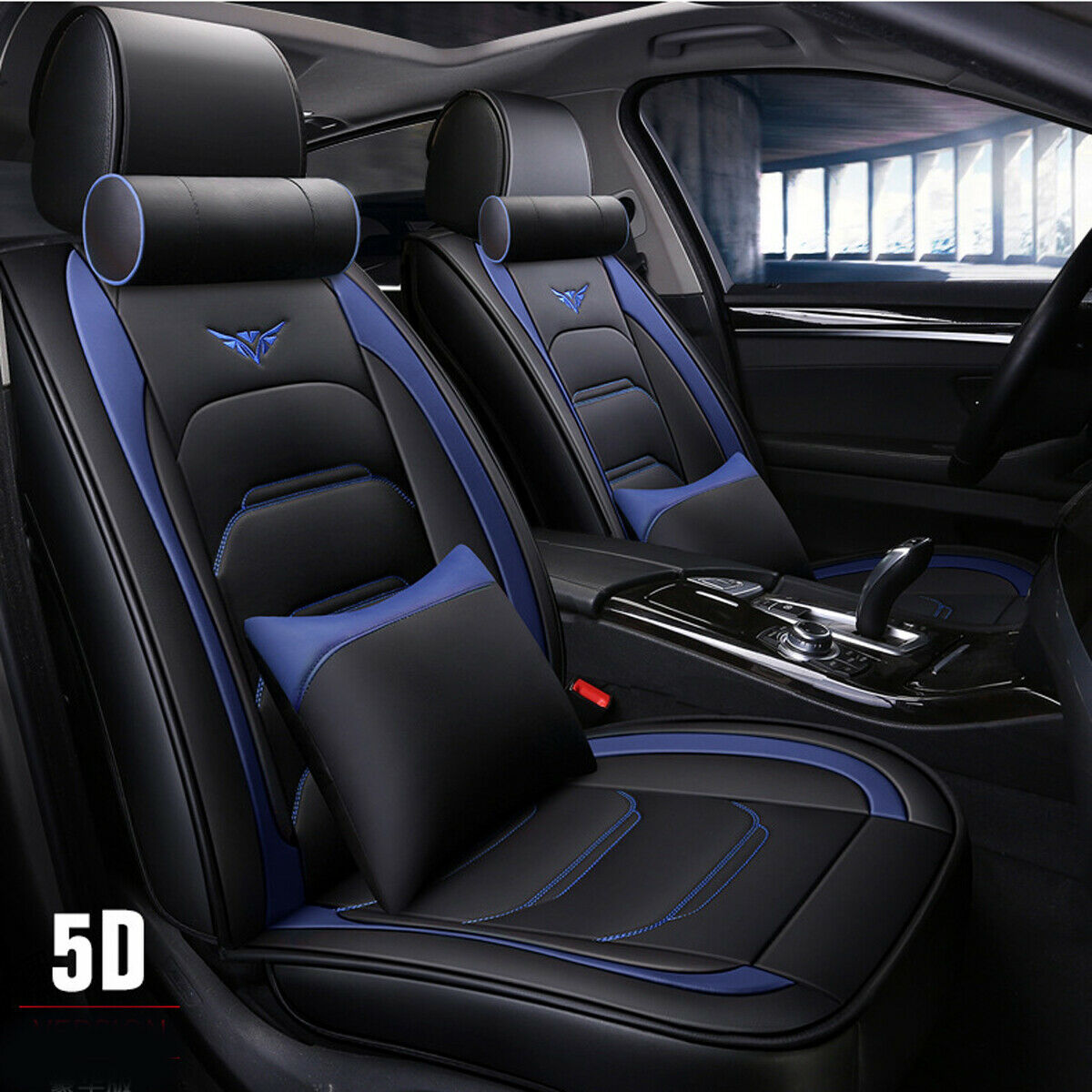 Universl Car Seat Cover PU Leather Full Set Cushion 5 Seats+W/N Pillows Black