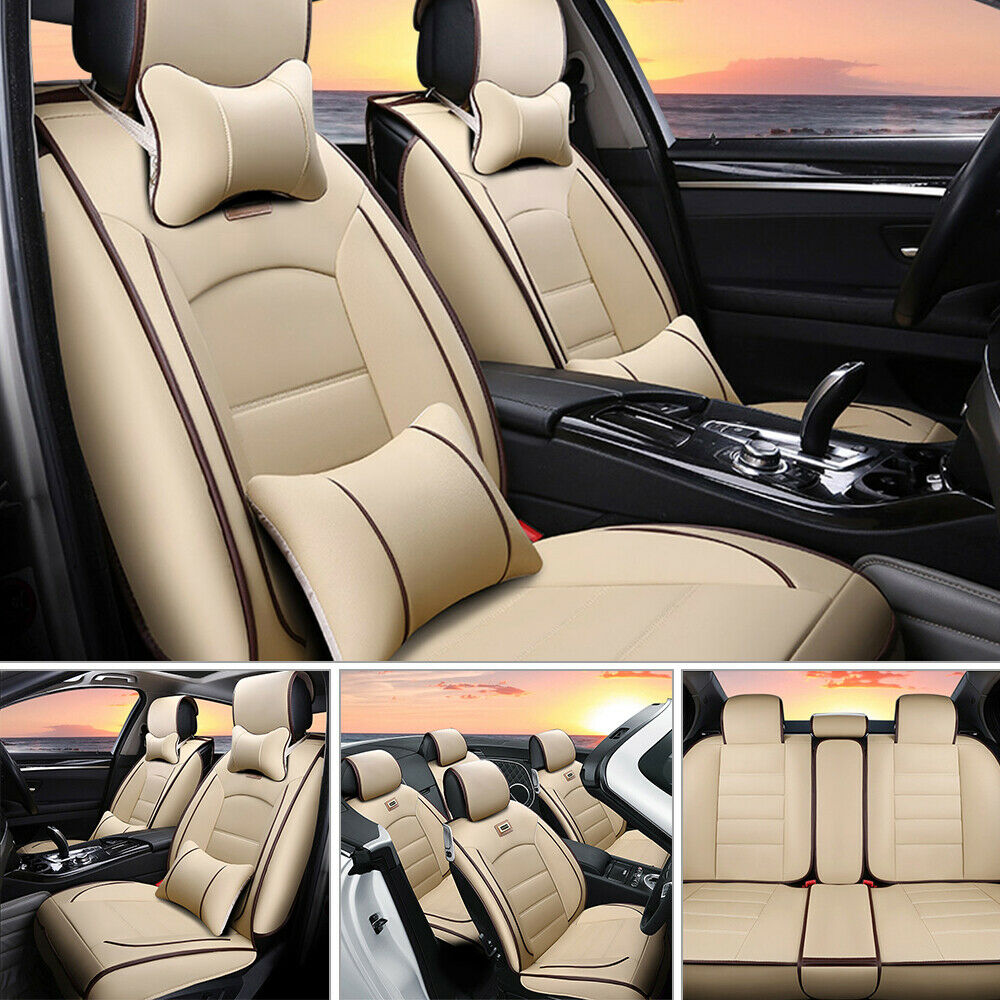 Deluxe PU leather Full Car Seat Cover 5-Seats Front+Rear Cushion W/Pillow Size L