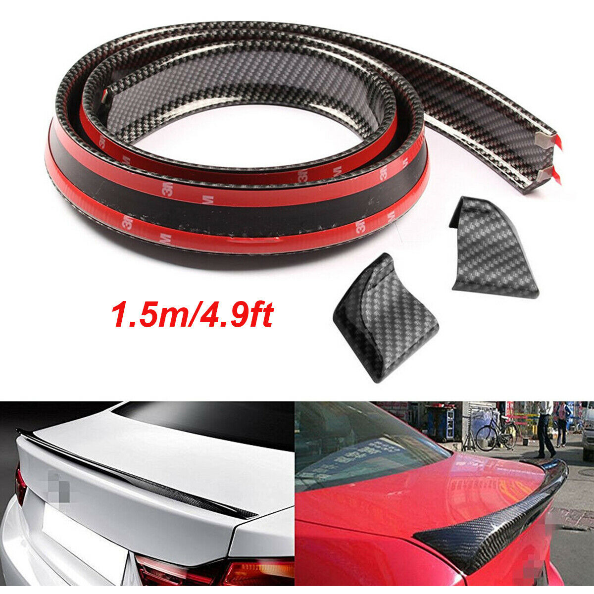 4.9FT/1.5M Carbon Fiber Rear Roof Trunk Spoiler Wing Lip Stickers BlackUniversal