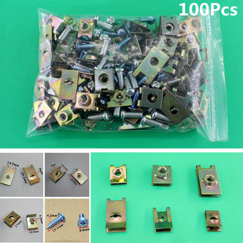 100 * Car Body Door Panel Fender Fastener Screw U Type Gasket Metal Fixed Clips