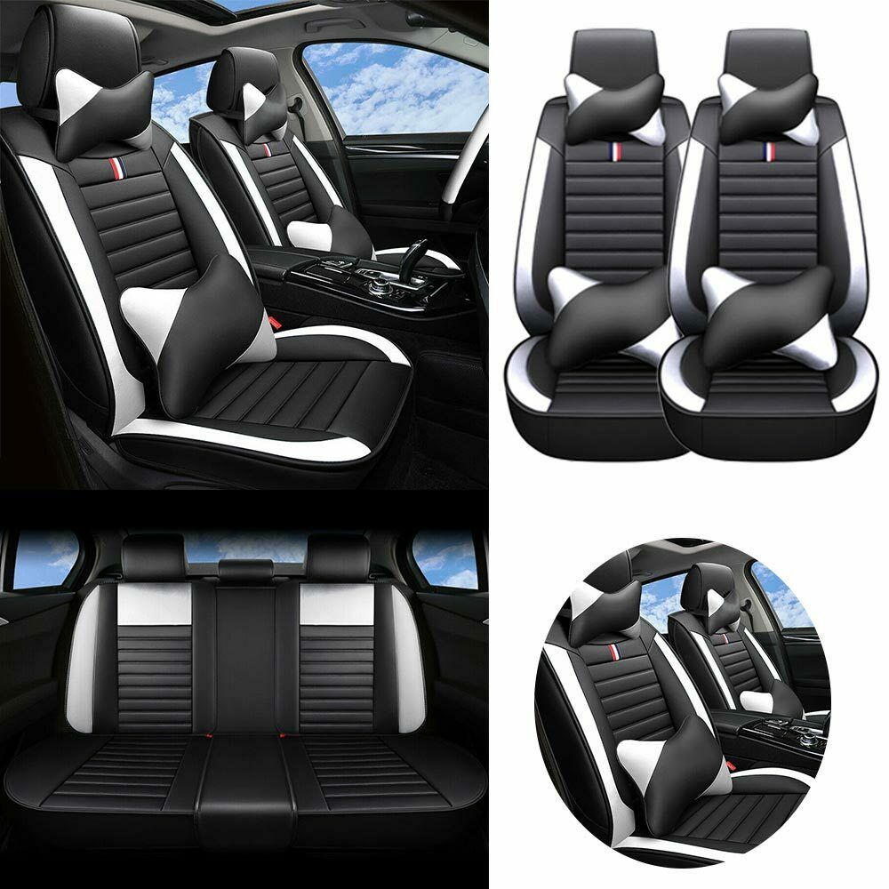 Black&White PU Leather Car Seat Covers 5-Sit Front Rear Cushions Protect 4Season