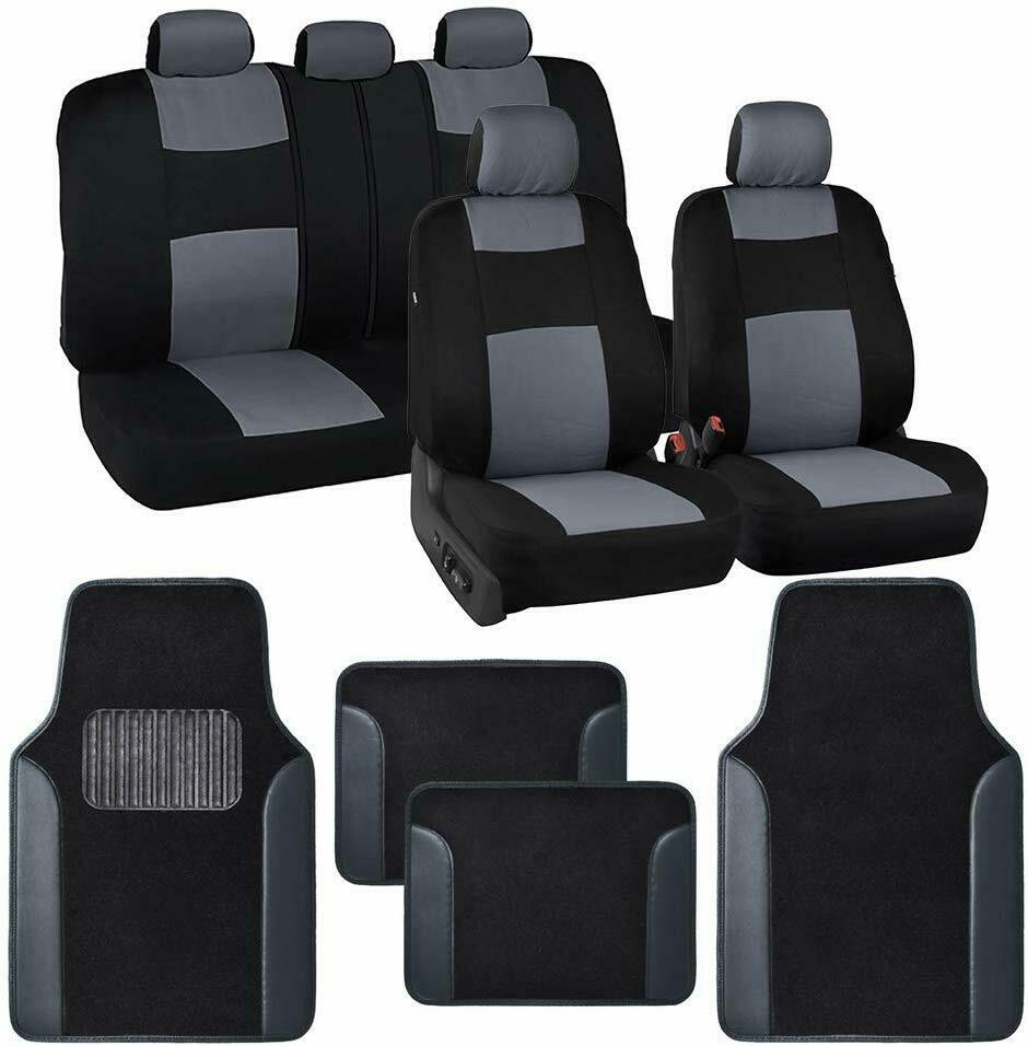 13pc Set Car Seat Covers Protection Set Black / Gray Two Tone Carpet Mats