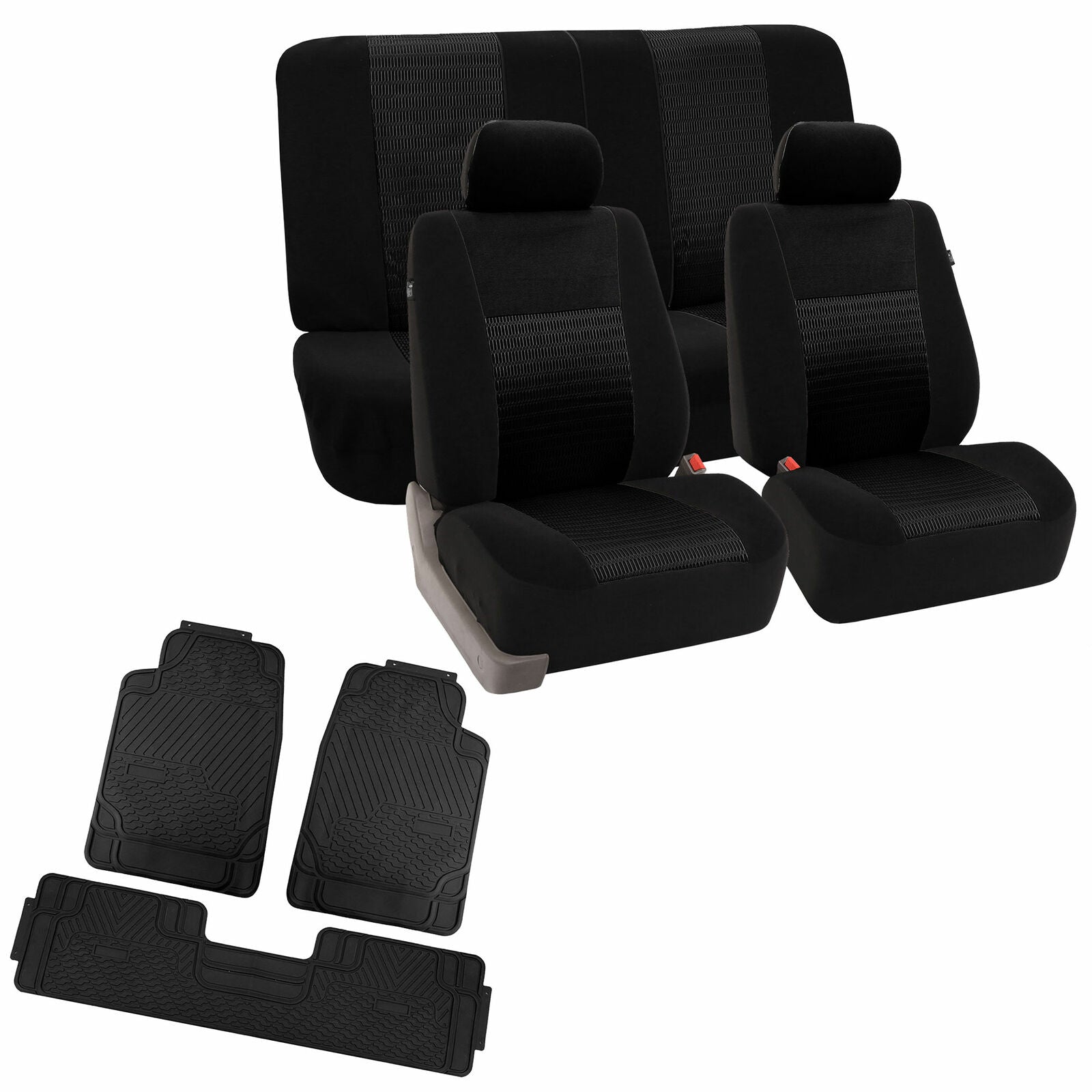 Full Interior Set Black Seat Covers Auto Car w/ Black All Weather Floor Mats