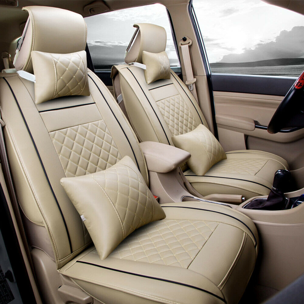 PU Leather Beige Car Seat Covers Protector Universal 5-Seats SUV Cushions Set US