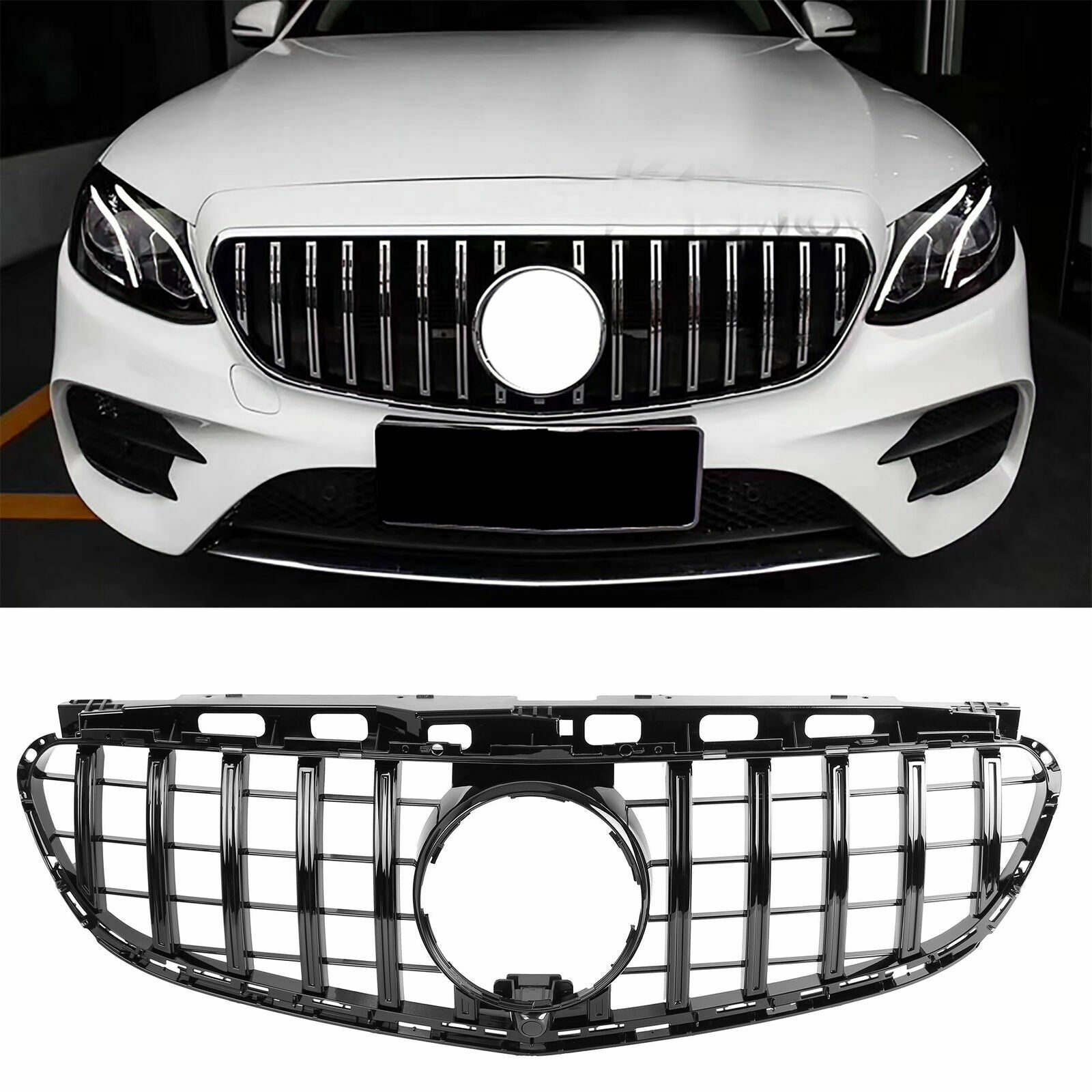 For 2014-2016 Mercedes W212 E200 E350 Black GT R Front Bumper Hood Grille Grill