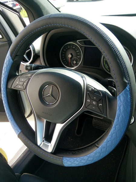Black & Blue 14.25-15" PVC Leather Steering Wheel Cover Non-Slip Durable