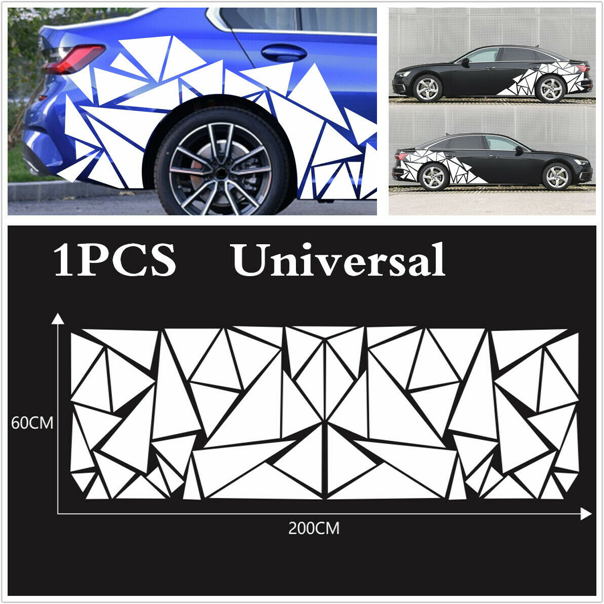 1Pc Car Styling Side Body Decal White Triangles Vinyl Sticker 200x60cm Universal