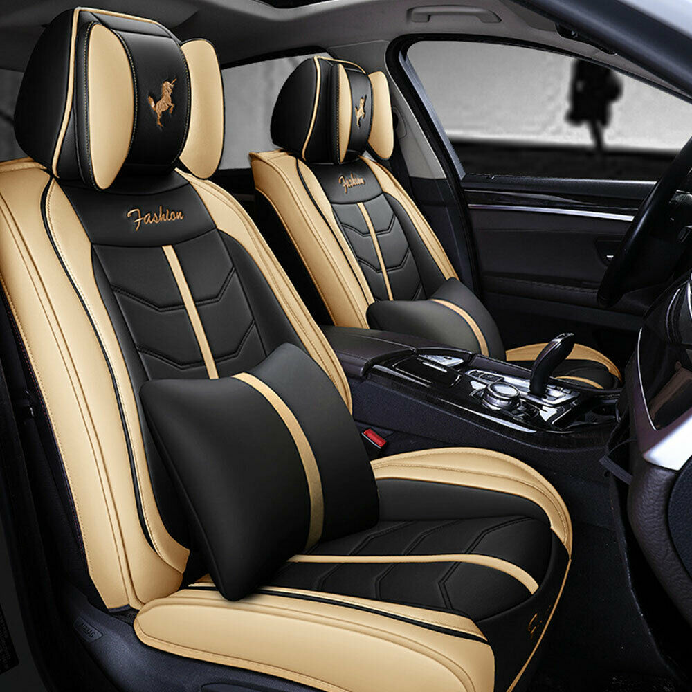 Comfortable 6D PU Leather Car Seat Covers Universal 5-Sit Cushions w/Pillows US