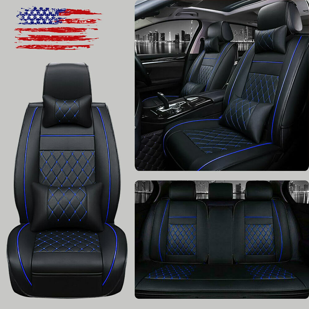 US 5-Sit Car Seat Covers Universal Front+Rear Cushion Full Set Black + Blue Line