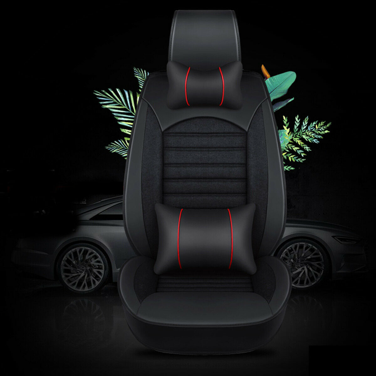 Univesal 5-Seats Car Seat Cover Full Set Waterproof PU Leather Cushion Pillow