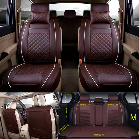 US M Size Coffee 5-Seats PU Leather Seat Cover Front+Rear+4 Pillows All Seasons