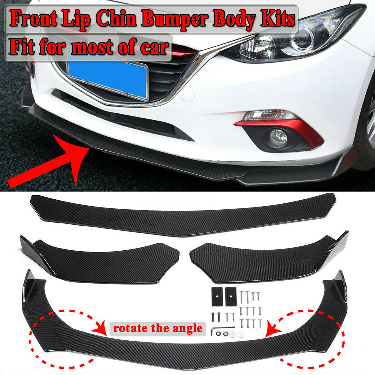 Carbon Fiber Look Universal Car Front Bumper Lip Chin Spoiler Splitters Body Kit