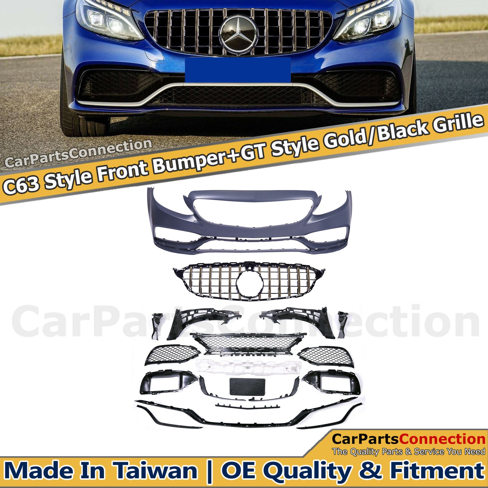 Front Bumper Cover C63 Style For Mercedes Benz C-Class W205 15-18 Gold GT Grille