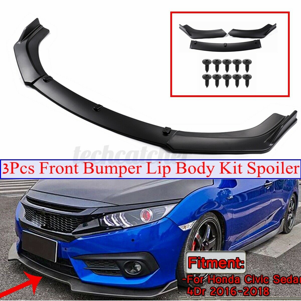 Front Bumper Lip Spoiler Lower Splitters Trim For Honda Civic Sedan 4DR 2016-18