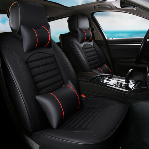 Universal 5 Seats Car Seat Cover PU Fabric Front Rear Cushion Pillows Black&Red