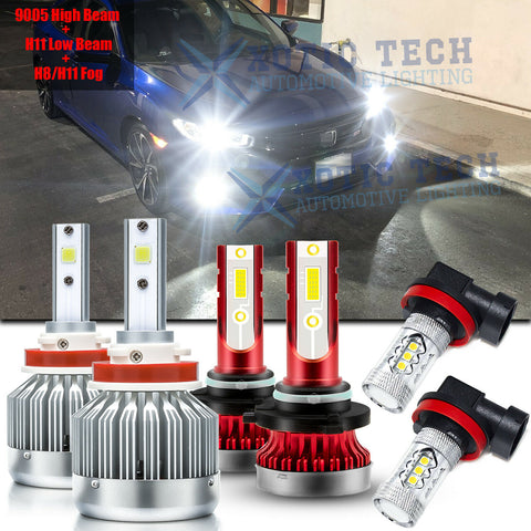 6000K White LED Kit Headlight + Fog Light Bulbs Combo For Honda Civic 2016-2019