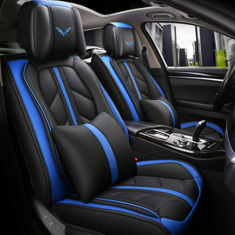 11pc Black+Blue Leather Car Truck Seat Cover 5-Seats Protector Universal Cushion