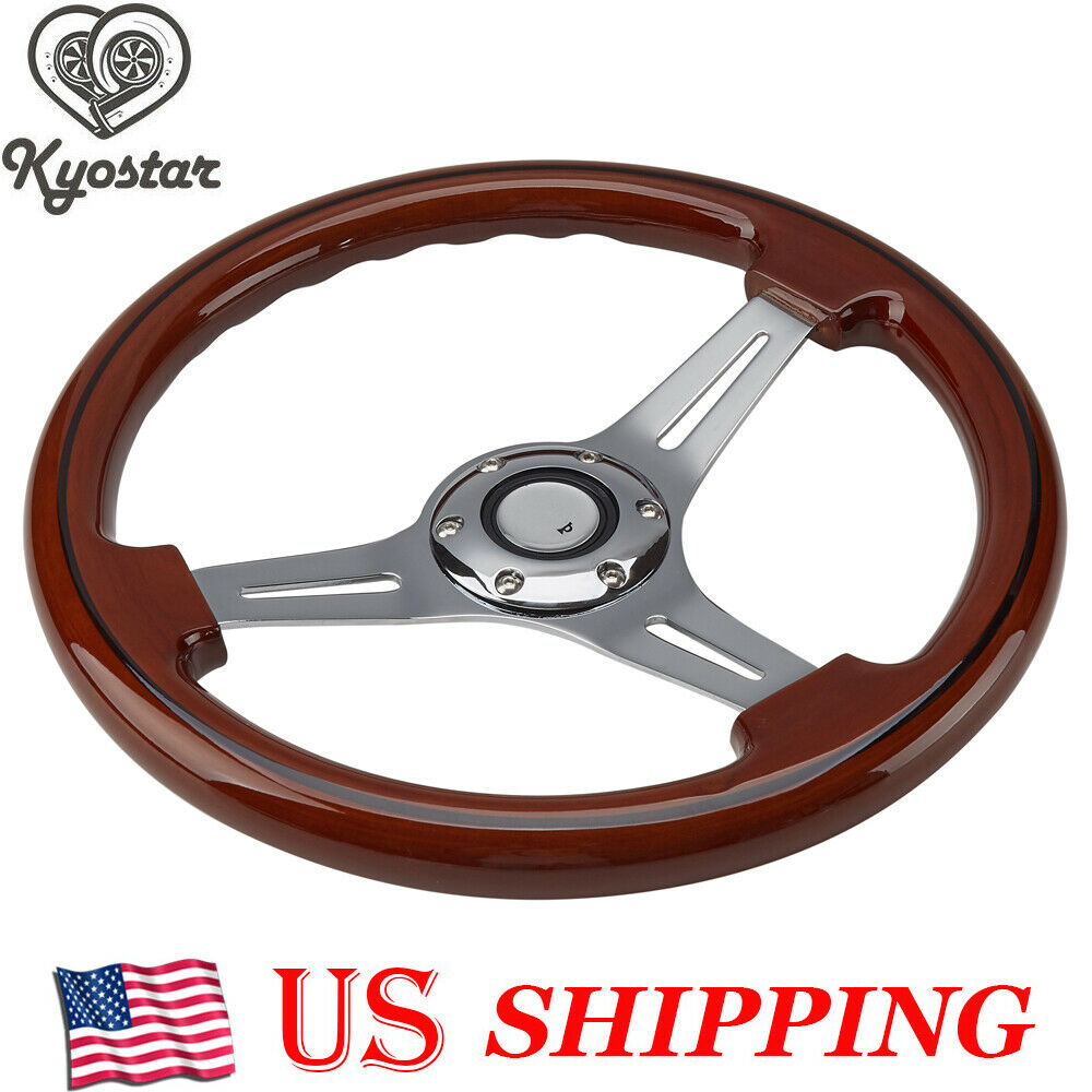 14inch Alloy Wood Grain Trim Classic Wooden Chrome Spoke Steering Wheel Wooden