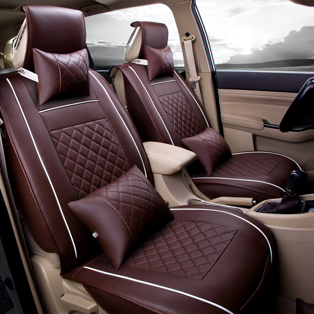 Car Seat Cover Cushion PU Leather 5 Seats Front+Rear All Seasons w/Pillow Coffee