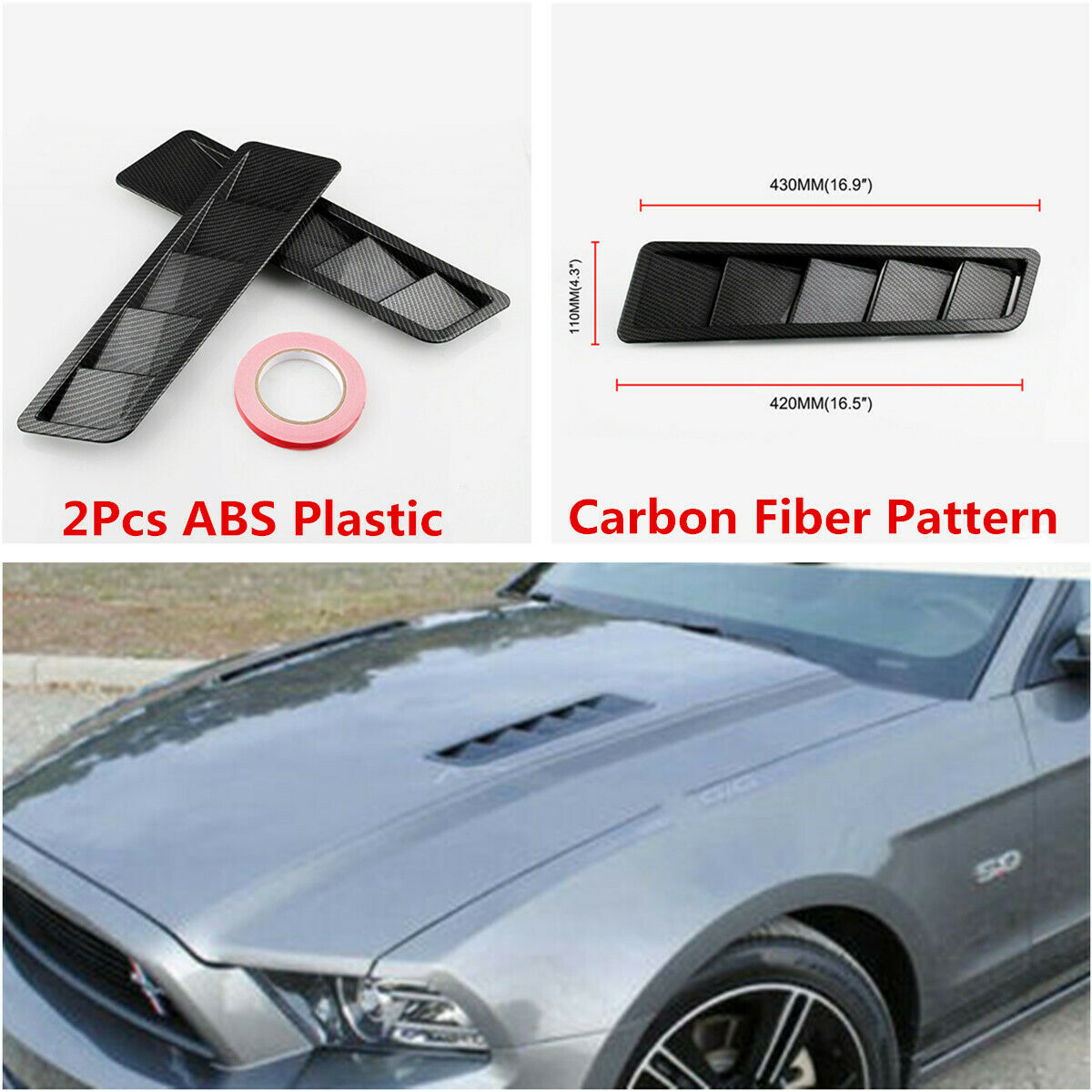 2Pcs Universal Race Car Hood Air Vent Louver Panel Trim Carbon Fiber Pattern ABS