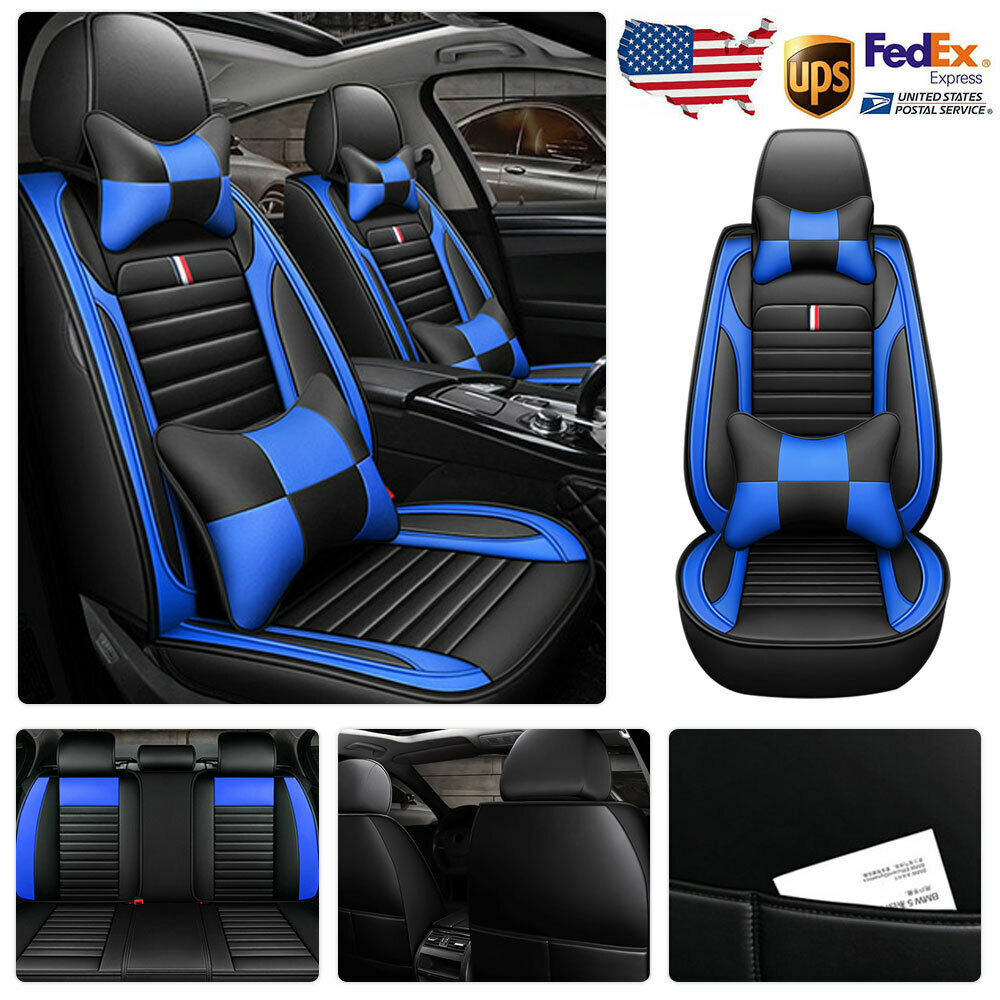 Universal 5-Seats Car SUV Seat Cover PU Leather Cushion Front Rear W/Pillows Set