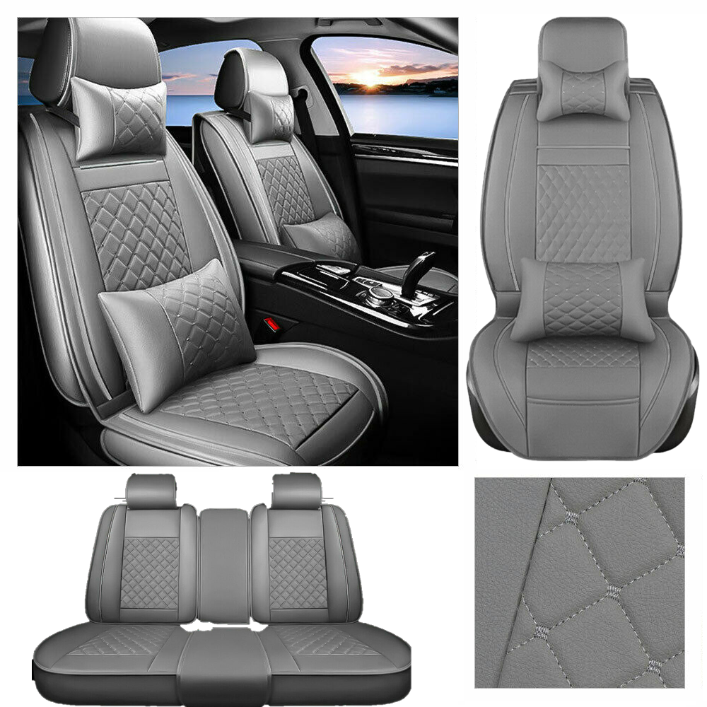 Gray Universal Car Seat Covers PU Leather 5-Seat Front&Rear Interior Cushions US