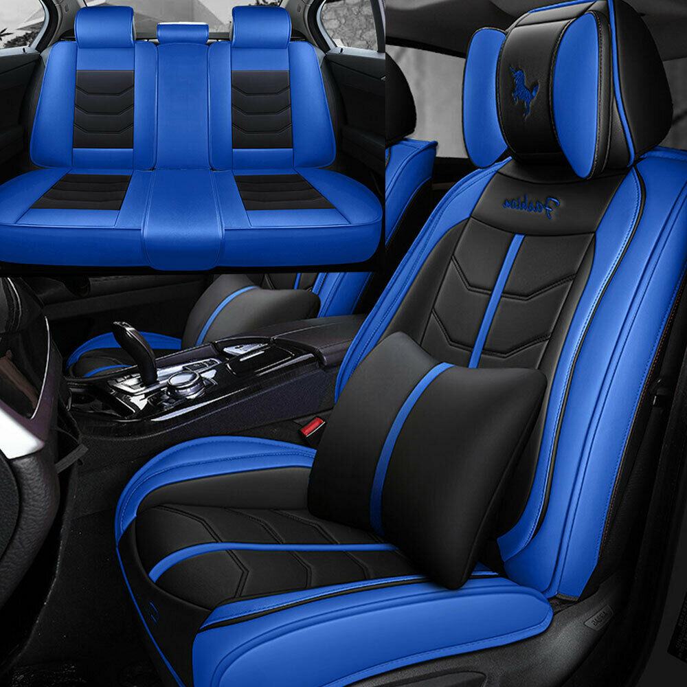 Blue PU Leather Car Seat Covers Front&Rear Cushion Full Kit Univeersal Size 5Sit