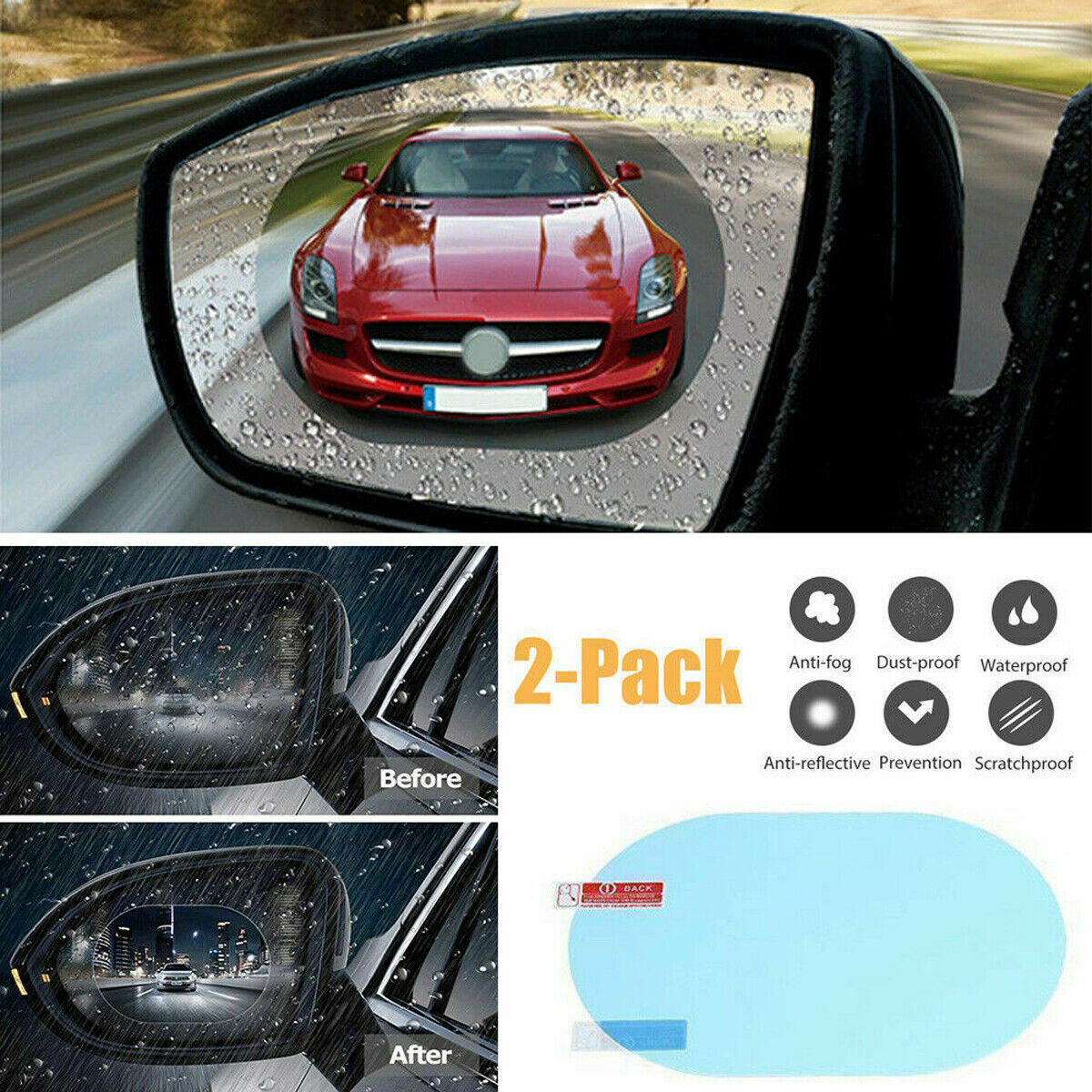 2x Car Rear View Mirror Waterproof Mist Anti-Fog Rainproof Glass Protective Film