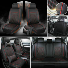 Black/Red 7pc Car SUV Seat Cover PU Leather 5-Seats Front+Rear Cushion & Pillows