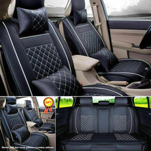 Black/Red 7pc Car SUV Seat Cover PU Leather 5-Seats Front+Rear Cushion & Pillows