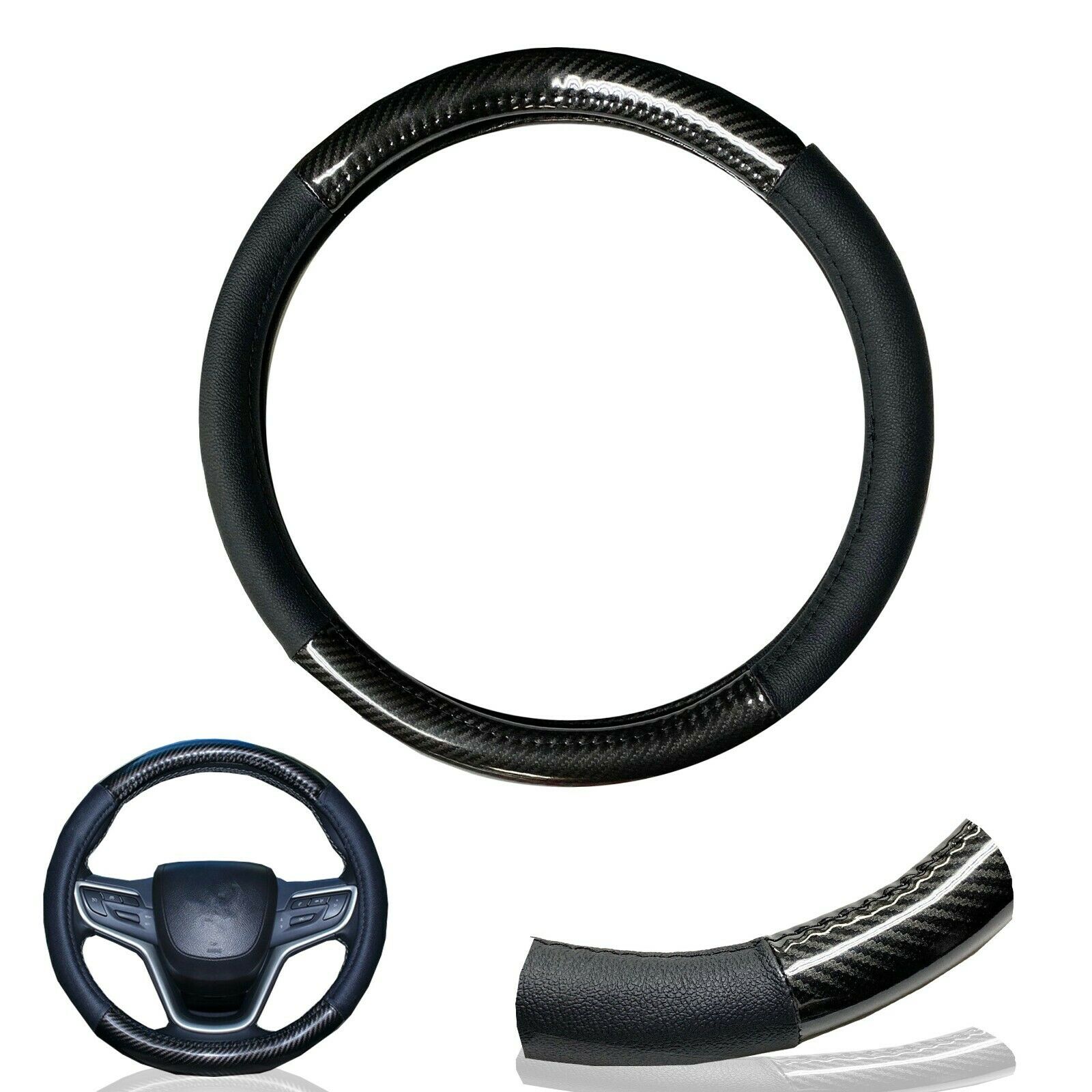 1X Black Carbon Fiber PU Leather Steering Wheel Cover 15
