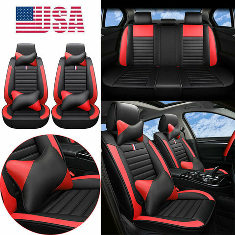 US Luxury Car Seat Cushion W/Pillows Red&Black PU Leather 5-Sit Covers For Honda