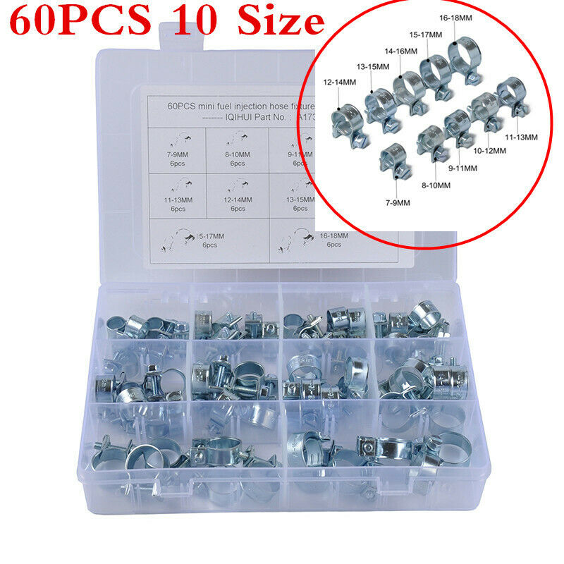 10 Sizes Car Mini Fuel Injection Hose Clamp Assortment Kits Carbon Steel 60pcs