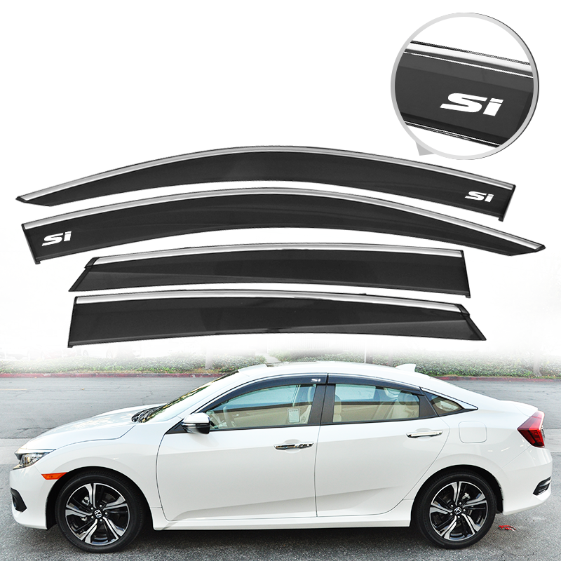 Fits 16-20 Honda Civic Window Visor Polycarbonate Guard Vent w/ Chrome Trim & Si