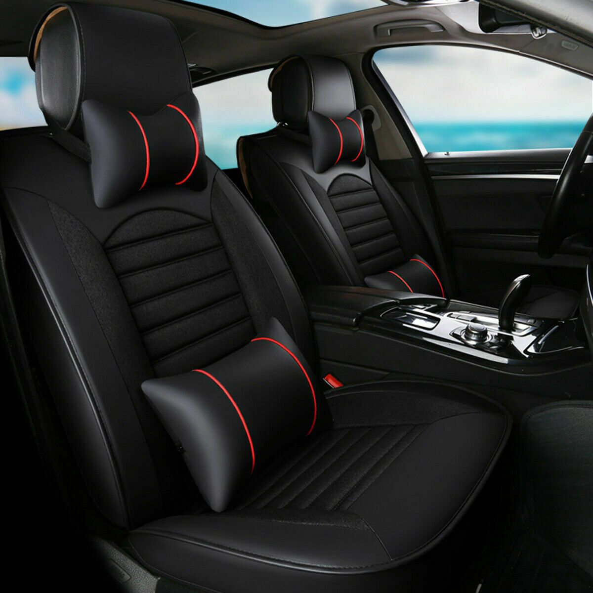 Universal PU Leather Car Seat Cover Cushion w/ Pillows Set 5 Seats Black Red