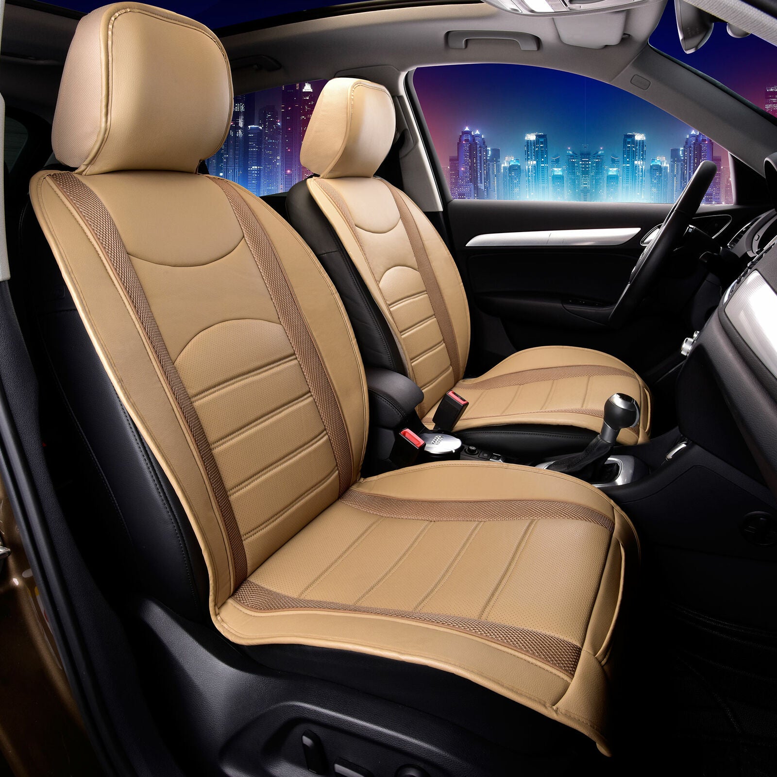 Leatherette Cushion Pad Seat Covers Full Set For Auto Car SUV Van Beige