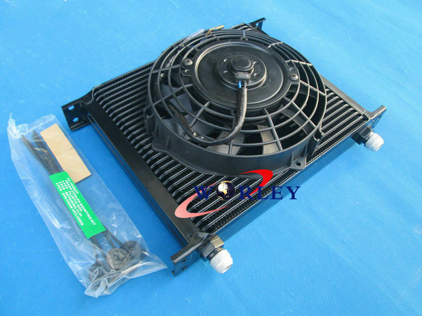Universal 30 Row Engine Transmission AN-10AN Oil Cooler + Electric Fan Kit Black
