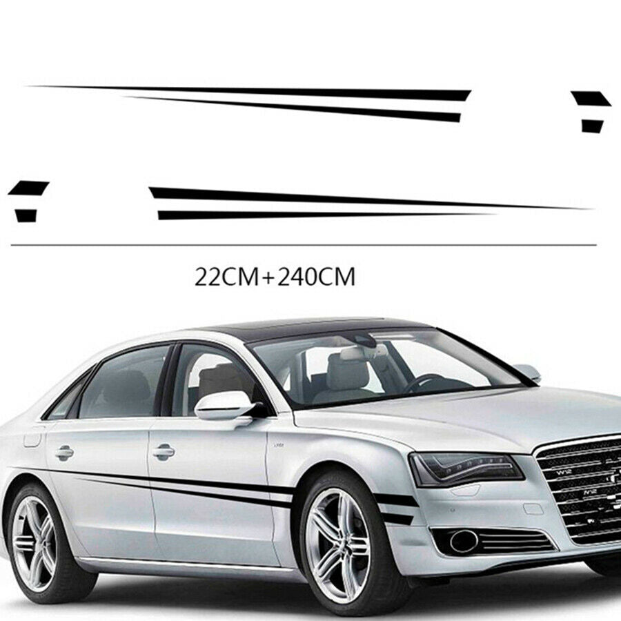 2x Whisker Style Car Side Body Sticker Strip Racing Vinyl Stripe 240cm+22cm BLK