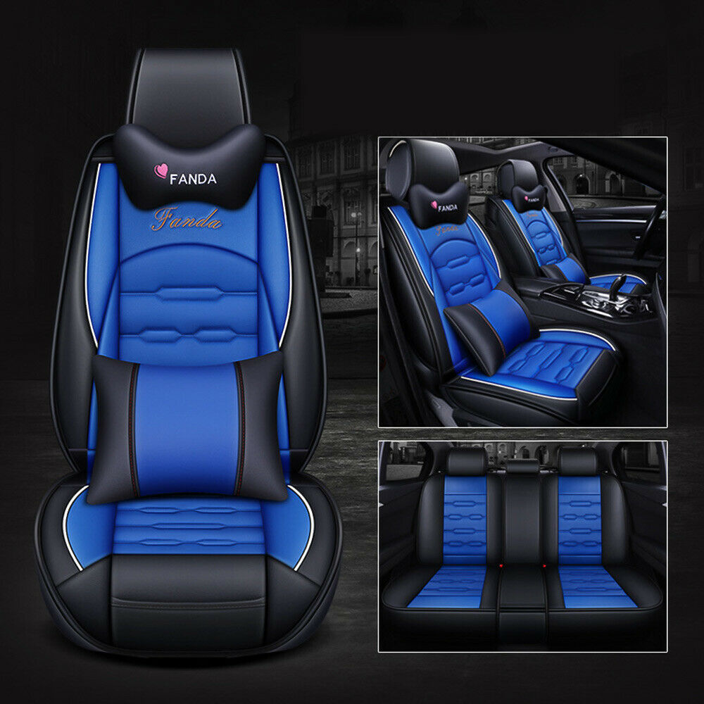 Blue Car Seat Cover PU Leather Front&Second Row Cushion Universal Waterproof Set