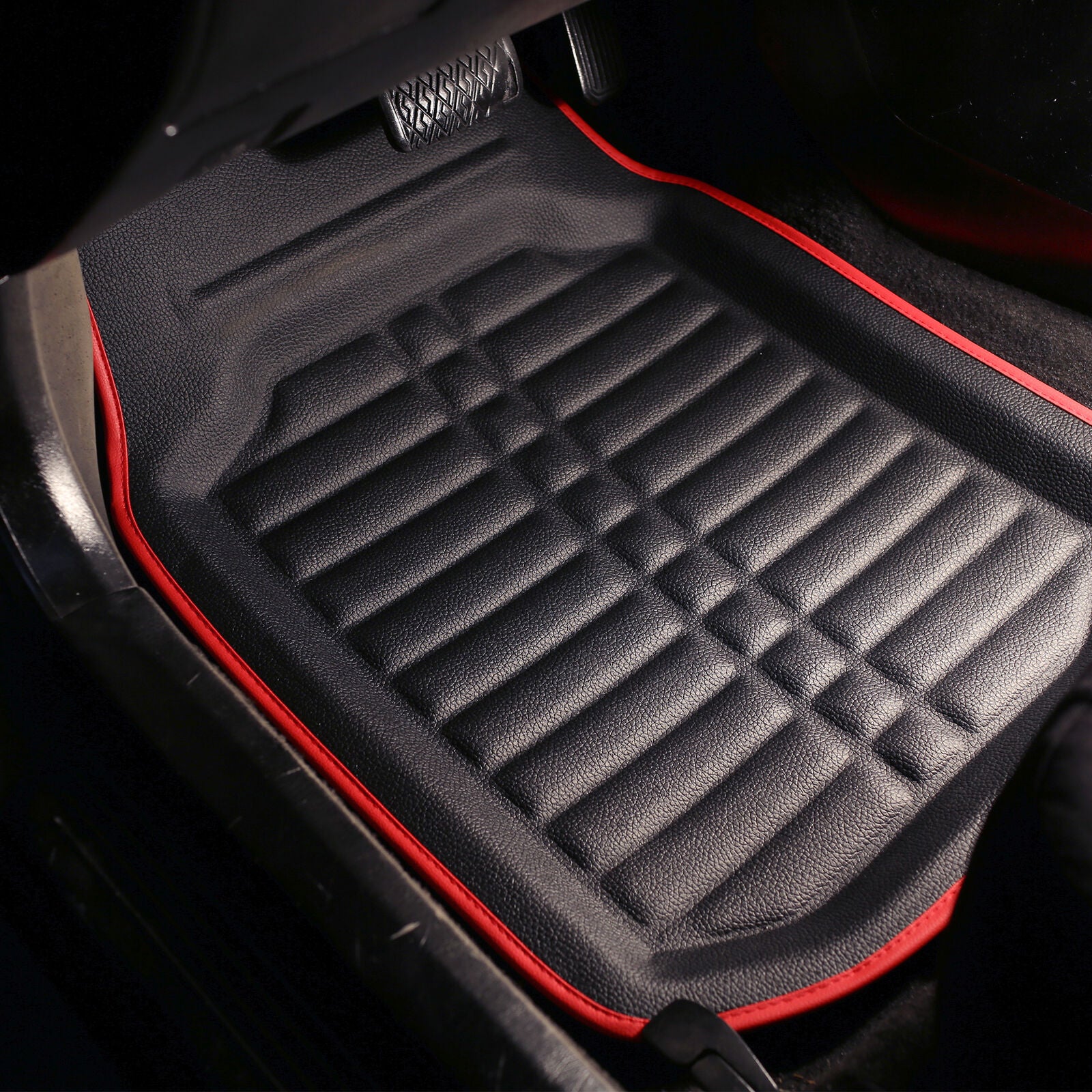 PU Leather Floor Mats for Auto Car SUV Van Deep Tray Waterproof Black Red