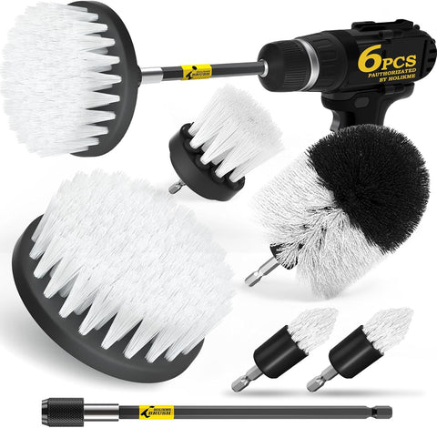 Holikme 6Pack Drill Brush Power Scrubber Cleaning Brush Extended Long Attachment Set All Purpose Drill Scrub Brushes Kit for Grout, Floor, Tub, Shower, Tile, Bathroom and Kitchen Surface，Yellow