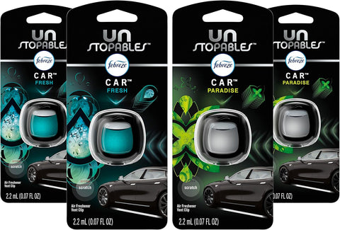 Febreze Unstopables Car Odor-Fighting Car Freshener Vent Clip Fresh Scent, .07 oz. Car Vent Clip, Pack of 4 (Packaging may vary)