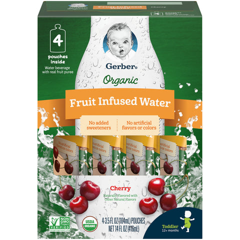 (Pack of 4) Gerber Organic Fruit Infused Water, Cherry, 3.5 fl oz Pouch, 4 Count
