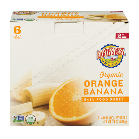 (6 Pack) Earth's Best Organic Stage 2, Orange Banana Baby Food Puree, 4 oz Pouch