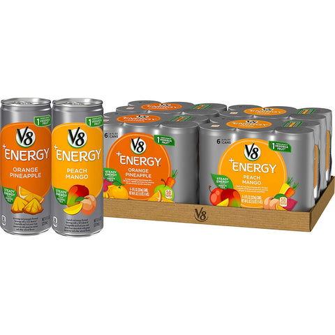 V8 +Energy Variety Pack, Healthy Energy Drink, Orange Pineapple and Peach Mango, 8 Ounce Can (4 Packs of 6, Total of 24)