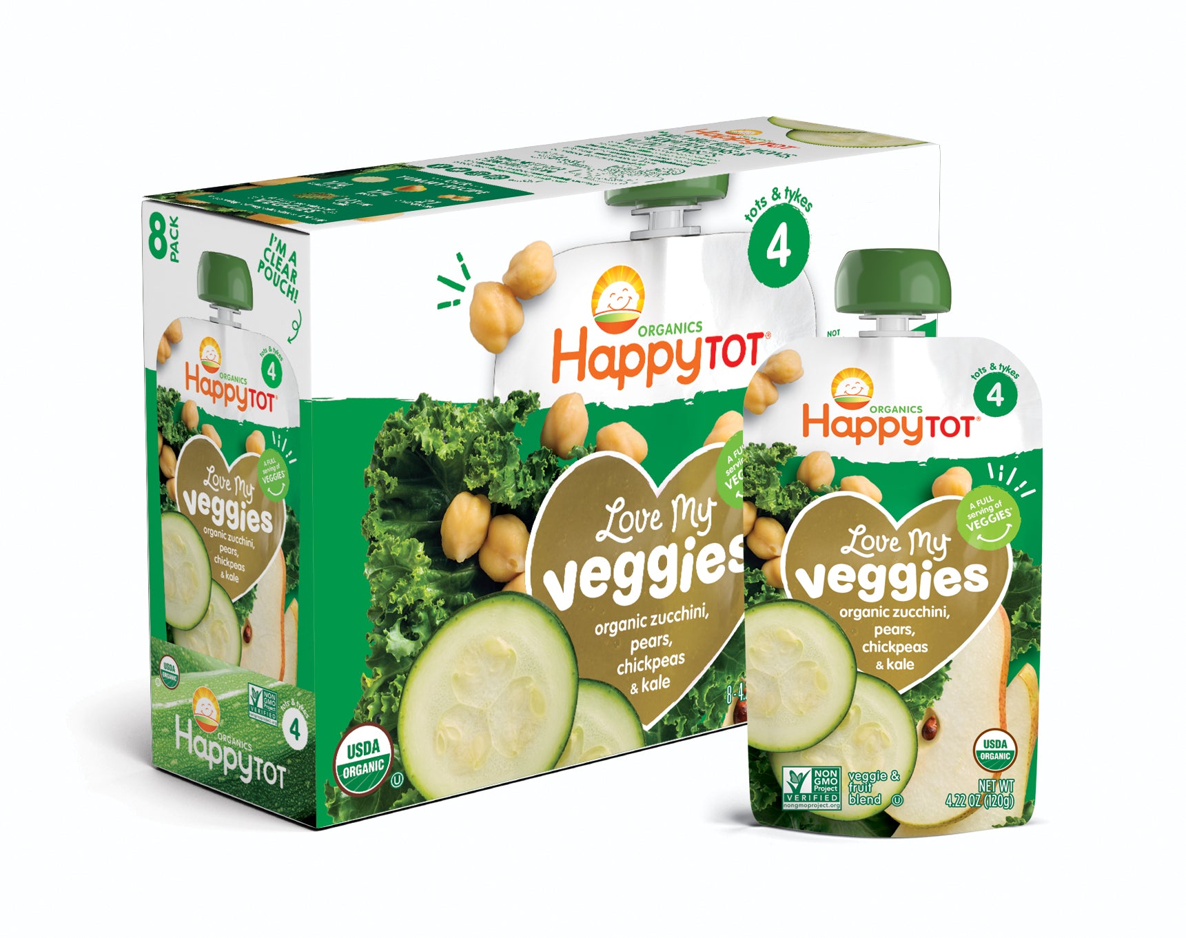 (8 Pouches) Happy Tot Organics Love My Veggies Zucchini, Pears, Chickpeas & Kale Veggie & Fruit Blend 4.22 oz. Pouch