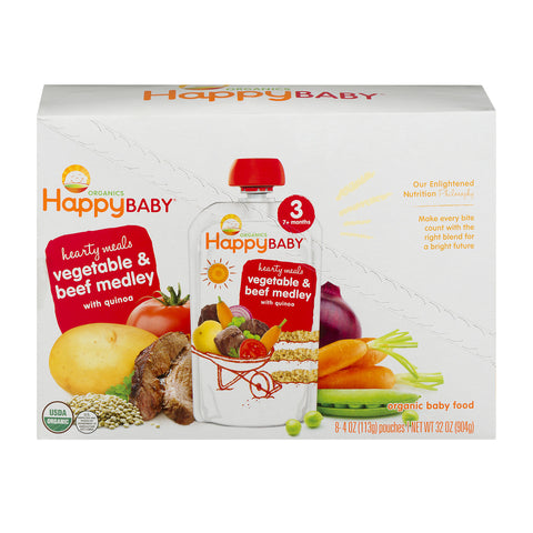 (8 Pouches) Happy Baby Organics Hearty Meals Vegetable & Beef Medley With Quinoa Pouches, 4.0 OZ