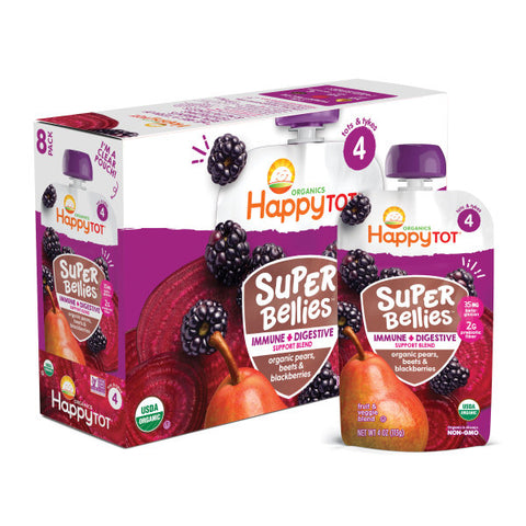 (8 Pouches) Happy Tot Super Bellies, Stage 4, Organic Toddler Food, Pears, Beets, Blackberries, 4 oz