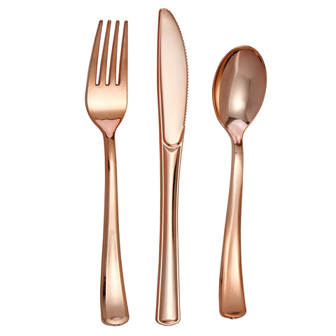Host & Porter Rose Gold Plastic Cutlery, 300 Combo, 100 Plastic Forks, 100 Plastic Spoons, 100 Plastic Knives, Great for Weddings, Bridal Showers, and Baby Showers