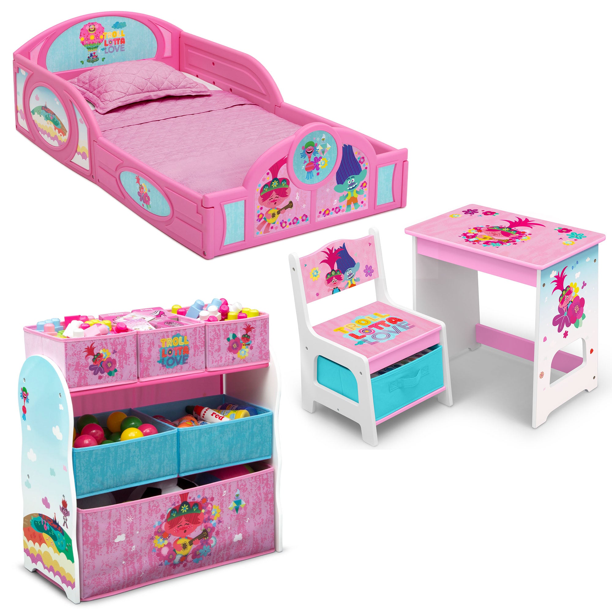 Trolls World Tour 4-Piece Room-in-a-Box Bedroom Set by Delta Children - Includes Sleep & Play Toddler Bed, 6 Bin Design & Store Toy Organizer and Desk with Chair